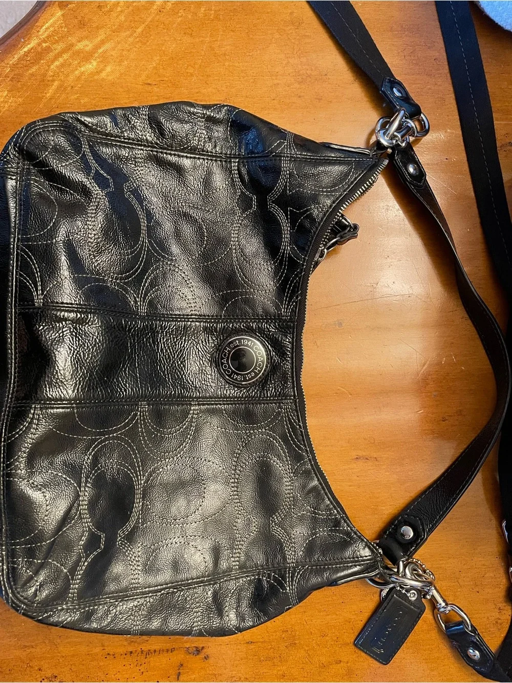 Coach Black Signature Leather Hobo Shoulder Bag